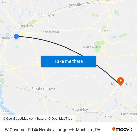 W Governor Rd @ Hershey Lodge to Manheim, PA map