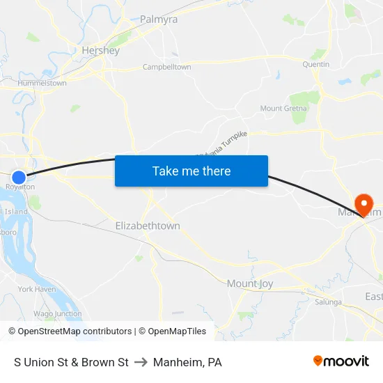 S Union St & Brown St Eb to Manheim, PA map