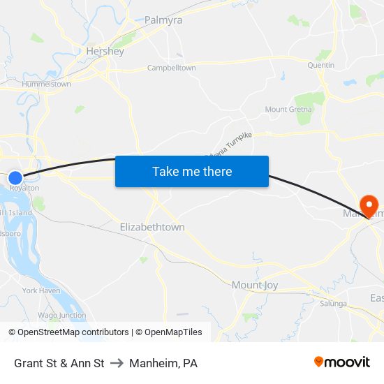 Grant St & Ann St to Manheim, PA map