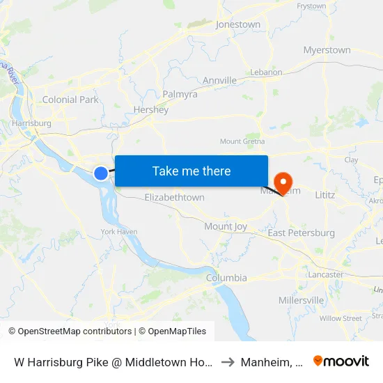 W Harrisburg Pike @ Middletown Home to Manheim, PA map