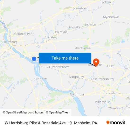 W Harrisburg Pike & Rosedale Ave to Manheim, PA map