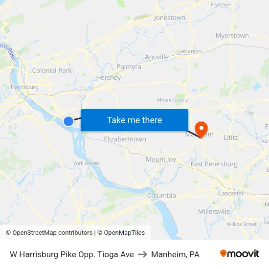 W Harrisburg Pike & Tioga Ave Eb to Manheim, PA map