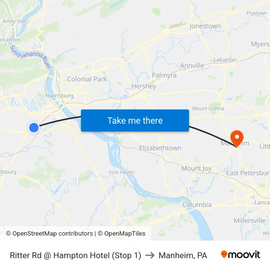 Ritter Rd @ Hampton Hotel (Stop 1) to Manheim, PA map