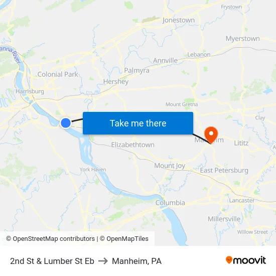 2nd St & Lumber St Eb to Manheim, PA map