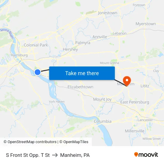 S Front St & T St Eb to Manheim, PA map