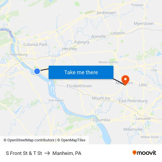 S Front St & T St to Manheim, PA map