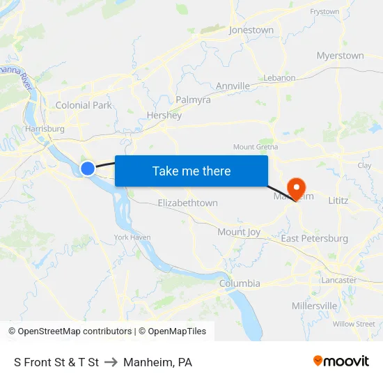 S Front St & T St Wb to Manheim, PA map