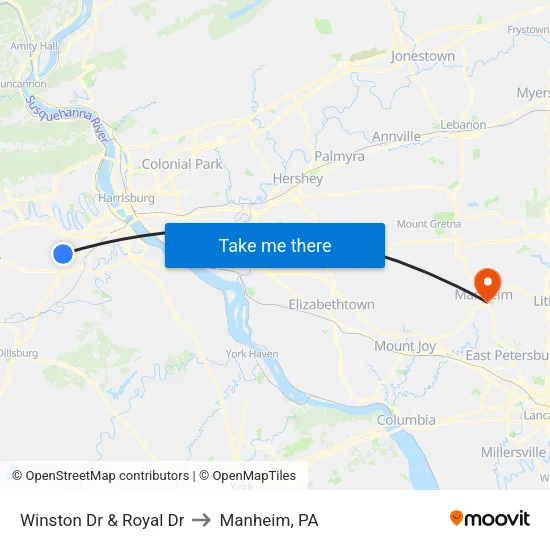 Winston Dr & Royal Dr to Manheim, PA map