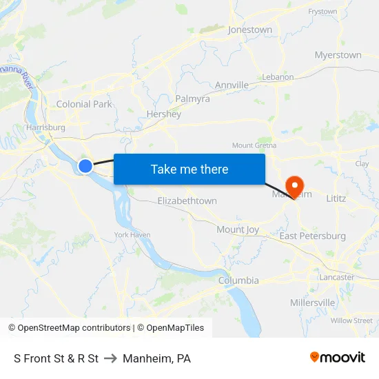 S Front St & R St Wb to Manheim, PA map