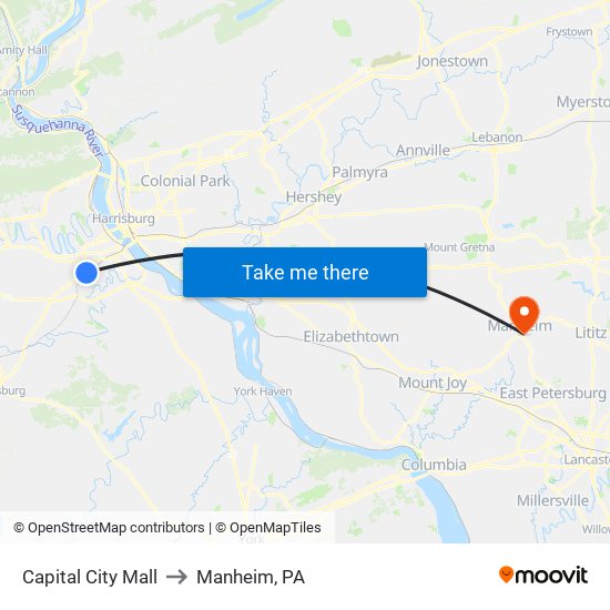 Capital City Mall to Manheim, PA map