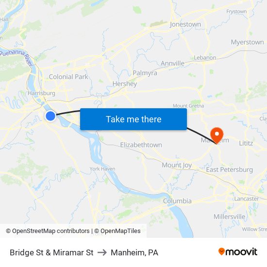 Bridge St & Miramar St to Manheim, PA map