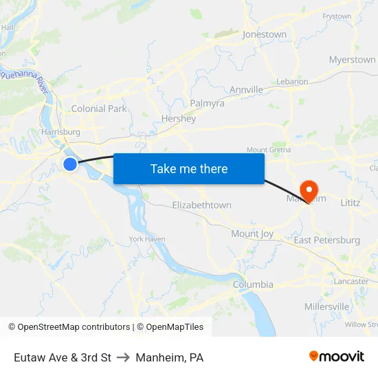 Eutaw Ave & 3rd St Wb to Manheim, PA map
