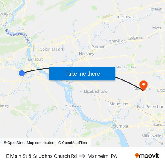 E Main St & St Johns Church Rd to Manheim, PA map