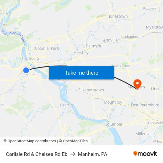 Carlisle Rd & Chelsea Rd Eb to Manheim, PA map