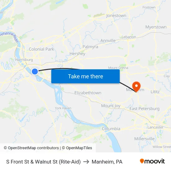 S Front St & Walnut St (Rite-Aid) to Manheim, PA map