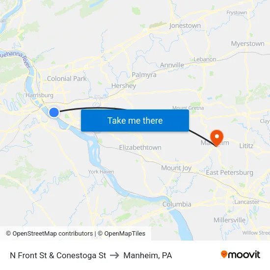 N Front St & Conestoga St Wb to Manheim, PA map
