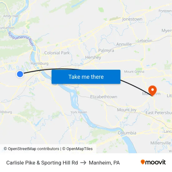 Carlisle Pike & Sporting Hill Rd Wb to Manheim, PA map