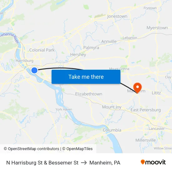 N Harrisburg St & Bessemer St to Manheim, PA map