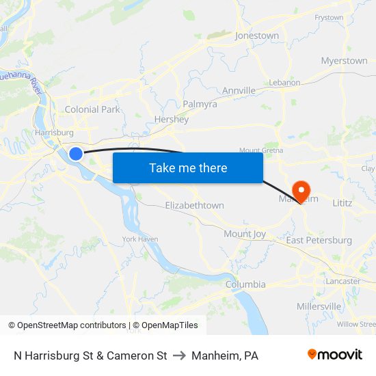 N Harrisburg St & Cameron St to Manheim, PA map