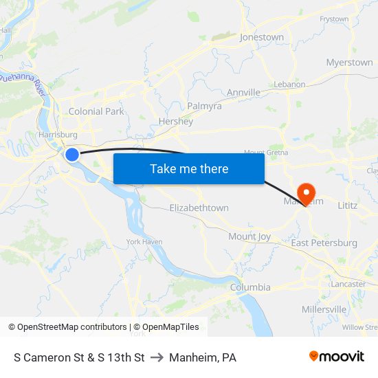 S Cameron St & S 13th St to Manheim, PA map