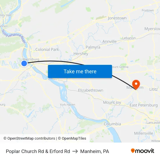 Poplar Church Rd & Erford Rd to Manheim, PA map