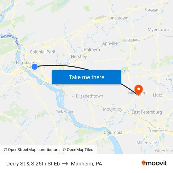 Derry St & S 25th St Eb to Manheim, PA map