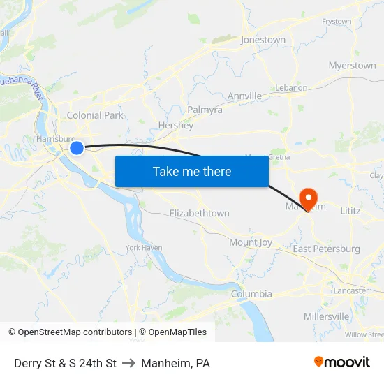 Derry St & S 24th St Wb to Manheim, PA map