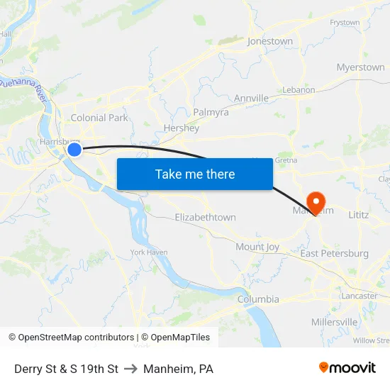 Derry St & S 19th St Eb to Manheim, PA map