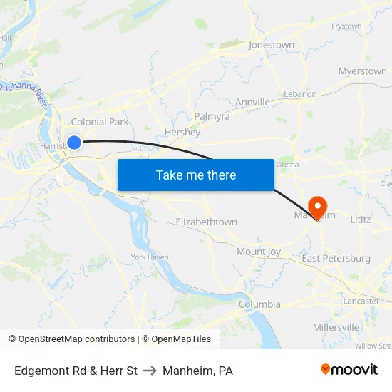 Edgemont Rd & Herr St to Manheim, PA map