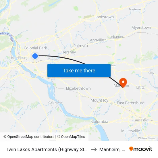 Twin Lakes Apartments (Highway Stop) to Manheim, PA map
