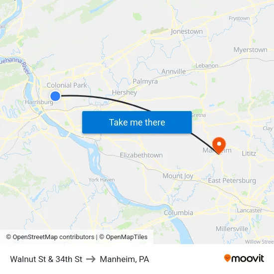 Walnut St & 34th St to Manheim, PA map