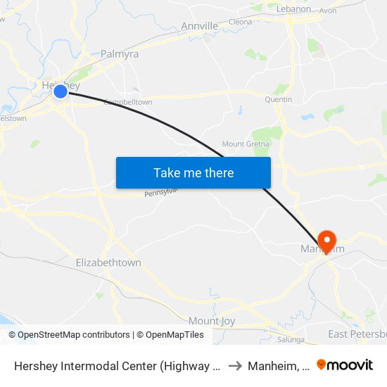 Hershey Intermodal Center (Highway Stop) to Manheim, PA map