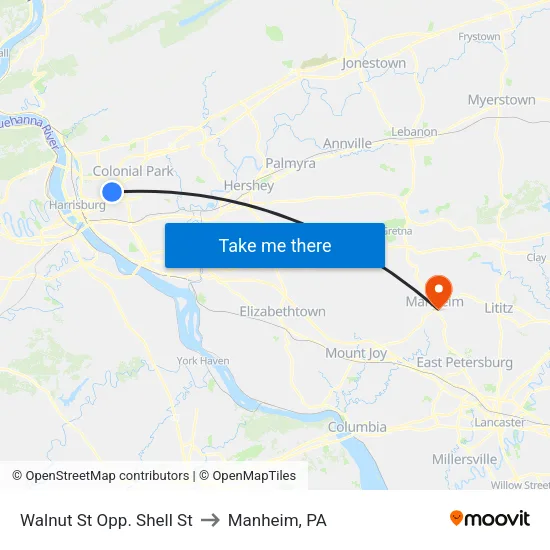 Walnut St & Shell St Wb to Manheim, PA map