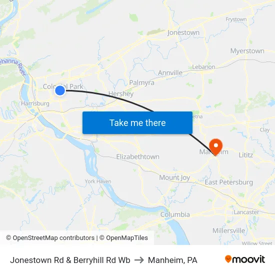 Jonestown Rd & Berryhill Rd Wb to Manheim, PA map