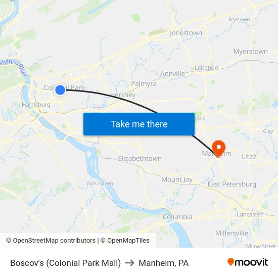 Boscov's (Colonial Park Mall) to Manheim, PA map