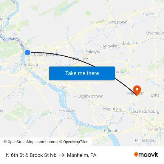 N 6th St & Brook St Nb to Manheim, PA map
