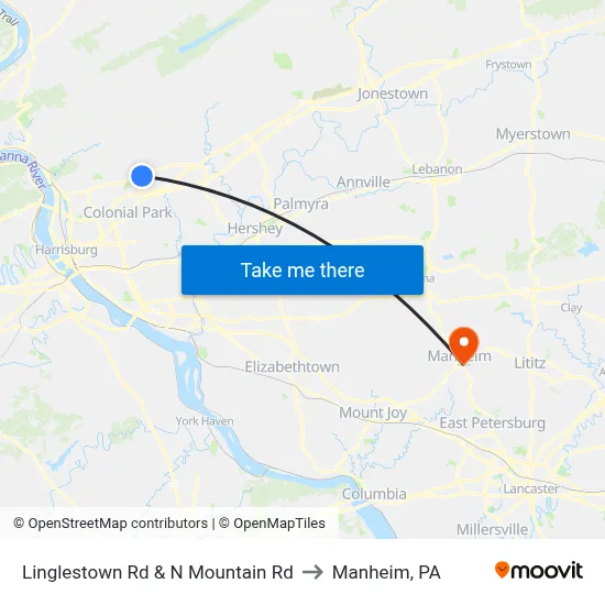 Linglestown Rd & N Mountain Rd to Manheim, PA map