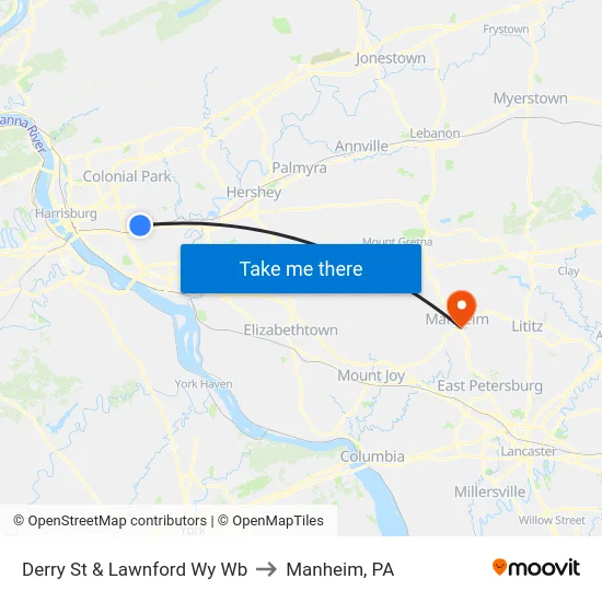 Derry St & Lawnford Wy Wb to Manheim, PA map