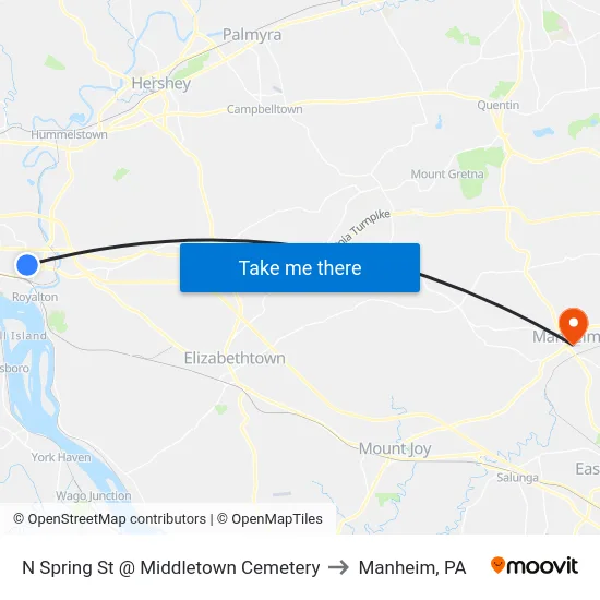 N Spring St @ Middletown Cemetery to Manheim, PA map
