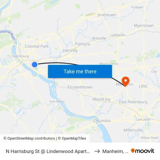 N Harrisburg St @ Lindenwood Apartments to Manheim, PA map