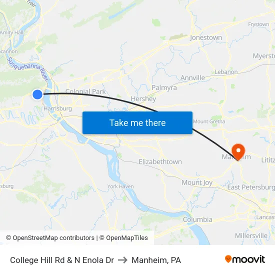 College Hill Rd & N Enola Dr to Manheim, PA map