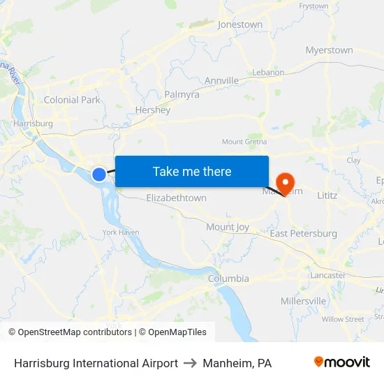 Harrisburg International Airport to Manheim, PA map