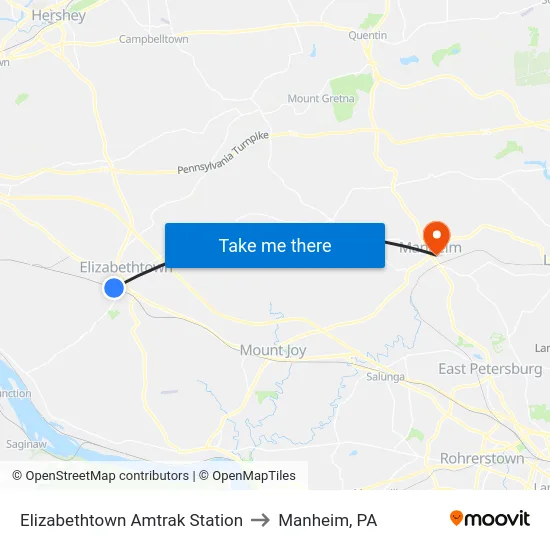 Elizabethtown Amtrak Station to Manheim, PA map