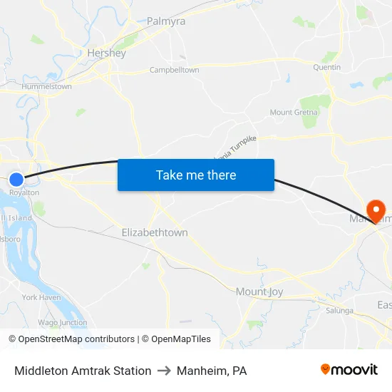 Middleton Amtrak Station to Manheim, PA map