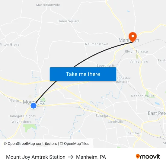 Mount Joy Amtrak Station to Manheim, PA map