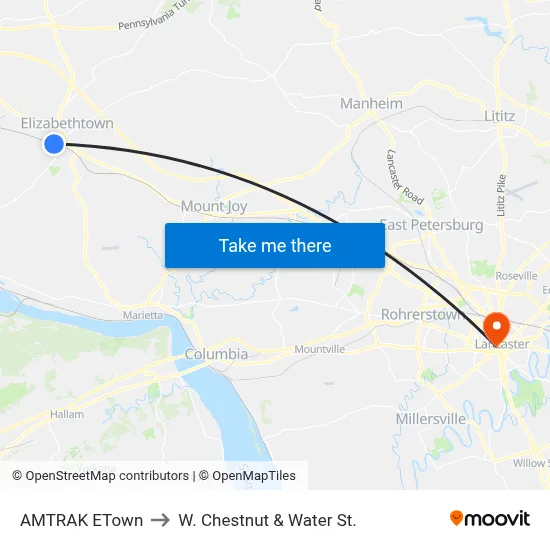 AMTRAK ETown to W. Chestnut & Water St. map