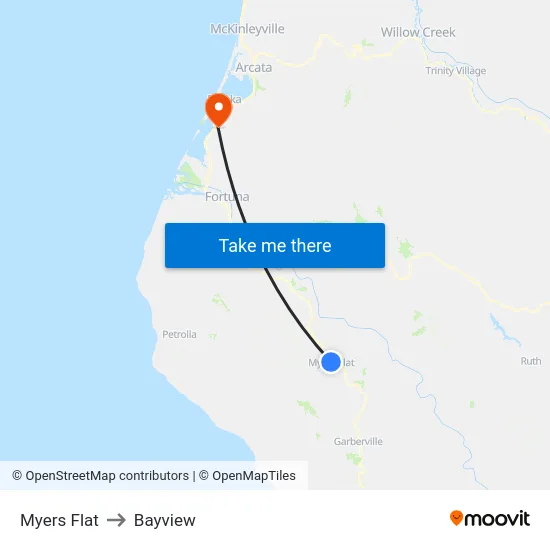 Myers Flat to Bayview map
