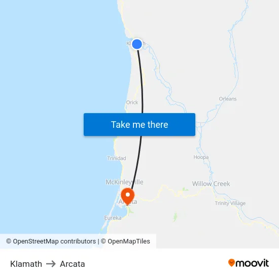 Klamath to Arcata map