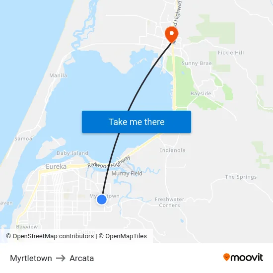 Myrtletown to Arcata map