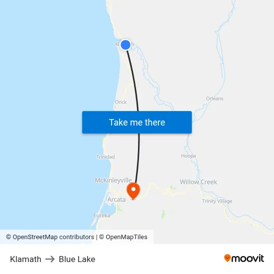 Klamath to Blue Lake map